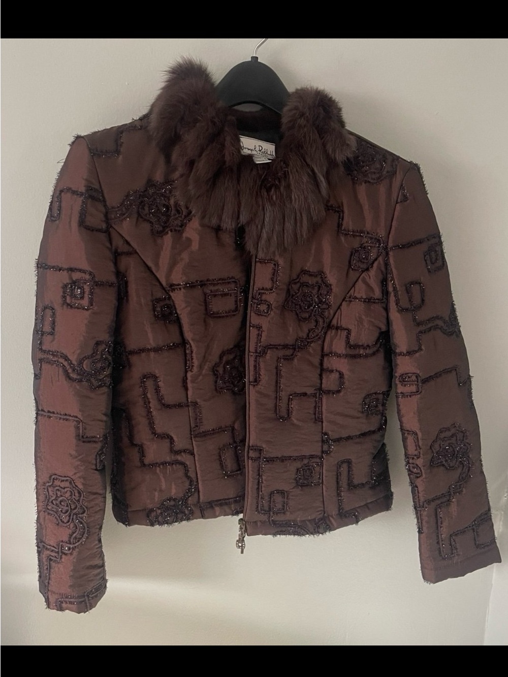Joseph Ribkoff Brown Embellished Jacket with Faux-Fur Collar